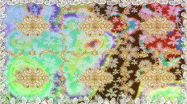 Damask arkaplanı. Tarafsız renklerde altın element. Barok tarzında altın çiçekli süs. Altın çiçekli, pürüzsüz desen.