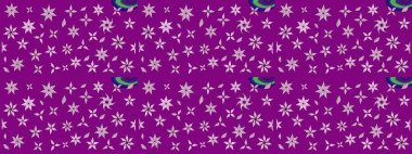 Modern çiçek arkaplanı. Moda baskıları için zarif bir şablon. Parlak renkli çiçekleri ve mor renkli yaprakları olan harika bir çiçek deseni. Halk stili.