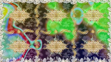 Klasik raster sarısı, kusursuz desen. Yeşil renklerde, altın elementlerle kusursuz desen. Geleneksel oryantasyon süsü. Klasik vintage arkaplan.