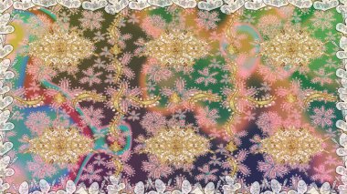 Klasik raster şablonu. Bej ve altın desenli. Tekrarlayan ögelerle kusursuz soyut arkaplan.