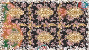 Raster illüstrasyonu. Dekoratif simetri arabesk. Gri renklerde altın. Doğum günü kartı, davetiye ya da afiş için iyidir. Kusursuz ortaçağ çiçek desenleri..