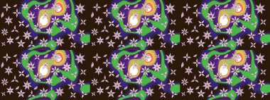 Eskiz arkaplan modeli. Yapraklı çiçekler ve kahverengi renkli papatya çiçekleri. Raster - stok.