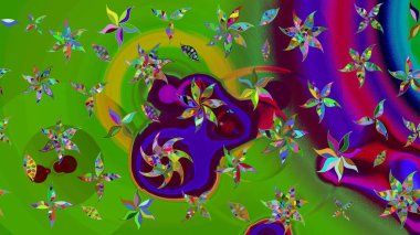 Yeşil arka planda. Çocuksu tasarım. Tekstil, kumaş, ambalaj, hatıra defteri için hoş bir çiçek arkaplanı. Elle çizilmiş karalama çiçekleri ile Raster çizim deseni.