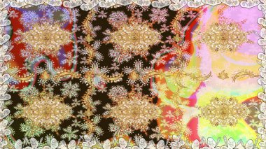 El yapımı dekoratif çerçeve, albüm kapağı, tebrik kartı, klasik Art deco tarzı. Raster soyut çiçek çelengi altın karalama fantezi yaprakları ve kahverengi renkte çiçek.