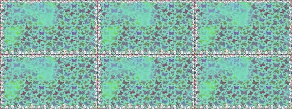 Kelebekli Raster çiçeksiz desen. Mavi ve yeşil renkli bir resim. Kağıt, kumaş ve ambalaj için uygun.