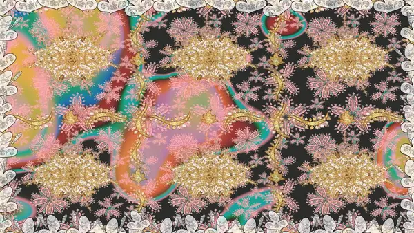 Geleneksel raster ve altın desen. Damask pürüzsüz süsü. Gri renkler üzerinde klasik oryantal desen.