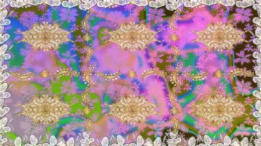 Dekoratif simetri arabesk. Kusursuz ortaçağ çiçek deseni. Raster illüstrasyonu. Tarafsız renklerde altın. Doğum günü, davetiye ya da afiş için tebrik kartı.