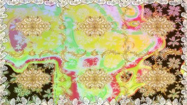 Altın antika ortaçağ dekoratifi, yapraklar ve tarafsız renklerde altın desenli süslemeleri olan dikişsiz bir şablon. Kusursuz kraliyet lüksü, altın barok kumaş rengi..