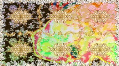 Klasik oryantal desen bej renklerden üstündür. Geleneksel raster ve altın desen. Damask pürüzsüz süsü.