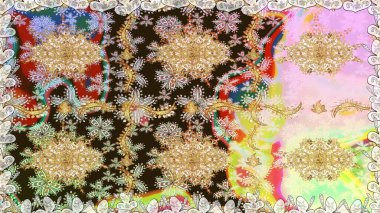 Tarafsız renkler ve altın elementler. Raster altın çiçek süsü brokar kumaş ve cam desenli. Kusursuz altın desen. Çiçek desenli altın metal..