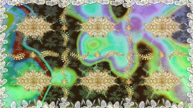 Yeşil renkte desen. Raster Golden Mehndi kusursuz desen. Kına dövmeli süs çiçekleri, altın çıkartmalar, mehndi ve yoga tasarımı, kartlar ve parmak izleri..