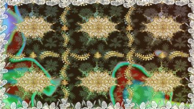 Lüks, kraliyet ve Viktorya dönemi konsepti. Süslü raster dekorasyonu. Kahverengi yerine altın rengi klasik barok çiçekli desenler. Kahverengi renklerde altın element.