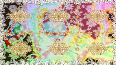 Raster illüstrasyonu. Damask altın soyut çiçek nötr renklerde pürüzsüz desen. Süsleme.