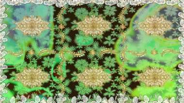 Kart, duvar kağıdı, ambalaj ve tekstil için klasik tasarım. Klasik çiçek dokusu. Kusursuz desenli altın elementler. Raster illüstrasyonu. Yeşil renkte Royal retro. Altın şablon.