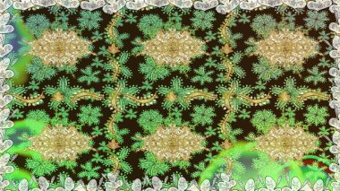 Altın elementli yeşil renkler. Çiçek desenli altın metal. Raster altın çiçek süsü brokar kumaş ve cam desenli. Kusursuz altın desen.