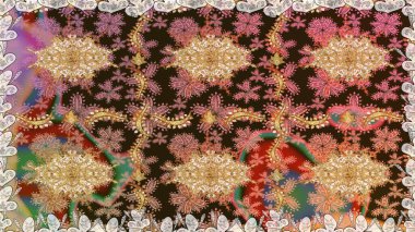 Tekrarlayan elementlerle soyut arkaplan oluşturun. Raster illüstrasyonu. Kahverengi renkler ve altın elementler üzerinde altın pürüzsüz desen. Kusursuz, klasik altın desen..