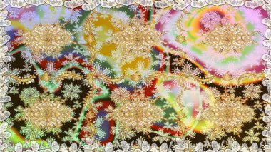 Doğulu stil, altın elementlerle altın rengi nötr renkte arabesk yapar. Kusursuz kıvırcık saçlar. Raster altın desen.