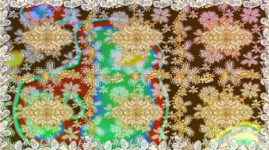 Kahverengi renklerde altın desenler ve altın elementler. İslam tasarımı. Kusursuz desenli oryantal süs. Raster altın tekstil baskısı. Çiçek karoları.