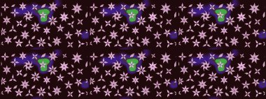 Kahverengi renkte çok kahverengi, zarif küçük çiçekler ve komik böcekler, raster desen, illüstrasyon.