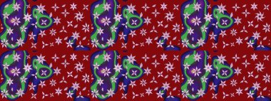 Modern çiçek arkaplanı. Parlak renkli çiçekli ve kırmızı yapraklı harika bir çiçek deseni. Moda baskıları için zarif bir şablon. Halk stili.