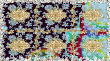 Raster soyut çiçek çelengi altın karalama fantezi yaprakları ve tarafsız renklerde çiçek. El yapımı dekoratif çerçeve, albüm kapağı, tebrik kartı, klasik Art deco tarzı.