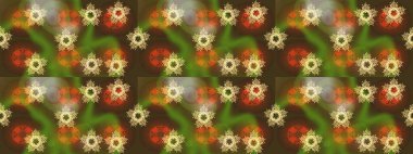 Eski usul. Raster illüstrasyonu. Renkli şal desenli, kahverengi, turuncu ve yeşil çiçekli ve dekoratif elementli kusursuz desen. Kumaş, tekstil, duvar kağıdı baskısı için. Kusursuz arkaplan