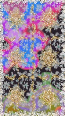 Kına dövmeli süs çiçekleri, altın çıkartmalar, mehndi ve yoga tasarımı, kartlar ve parmak izleri. Raster Golden Mehndi kusursuz desen. Gri renklerde desen.