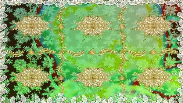 Çiçek süsü kumaş deseni, cam, çiçek desenli metal altın elementli yeşil renkler. Klasik raster altın pürüzsüz desen.