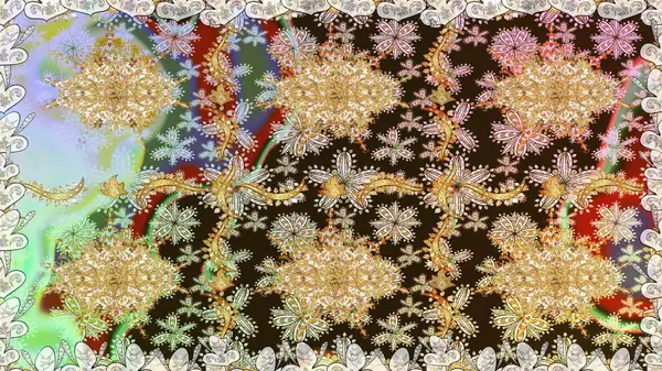 Şık bir grafik desen. Kahverengi renklerde altın elementler. Kusursuz raster arka plan. Çiçek deseni. Duvar kâğıdı barok, İspanyol kumaşı.