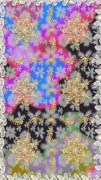 Kına dövmeli süs çiçekleri, altın çıkartmalar, mehndi ve yoga tasarımı, kartlar ve parmak izleri. Raster Golden Mehndi kusursuz desen. Gri renklerde desen.