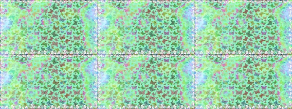 Fantezi güzel illüstrasyon. Kusursuz renksiz desen. Raster illüstrasyonu. Mavi ve nötr renklerde resimler. Kitap sayfaları için çiçek ormanlarında uçan güzel kelebekler..