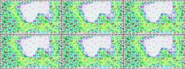 Paketleme, kağıt ve kumaş için uygun. Renkli folklorlu, kelebekli kusursuz desen. Yeşil ve nötr arkaplanda renkli kelebekler.