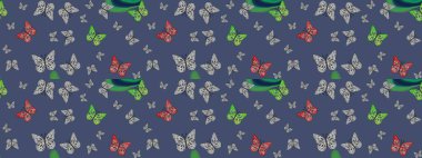Raster illüstrasyonu. Elle çizilmiş sevimli kız çizimi. Tekrarlanan kelebekler. Sonsuz. Çizim, karalama, karalama.