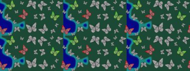 Klasik tarzda hem de. El çizimi, suluboya desenli kelebeklerin çizimi. Raster illüstrasyonu. Yeşil renkli illüstrasyon.