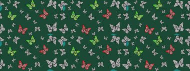Doğa kelebeği temayı yeşil renklerle tekrarlıyor. Raster illüstrasyonu. Kelebek yineleme dokusunun güzel çizimi karşıtlık katmanında izole edilmiş. Korunmak için vahşi yaşam böcekleri arka planı.