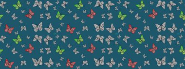 Nakış, egzotik kelebeklerle süslü çiçek eskiz deseni. Kart, baskı ve davetiye için basit şirin bir desen. Giysi tasarımı için mavi arka planda geleneksel Raster halk çiçekleri dekoru.