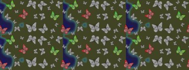 Nakış, egzotik kelebeklerle süslü çiçek eskiz deseni. Kart, baskı ve davetiye için basit şirin bir desen. Giysi tasarımı için yeşil arka planda geleneksel Raster halk çiçekleri dekoru.