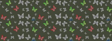 Yeşil kelebek deseni. Raster illüstrasyonu. Giysi tasarımı için dekor arka planı. Parmak izi dokuları için sevimli kelebek çizim deseni.