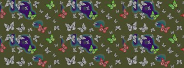 Çizim, karalama, karalama. Bahar Kelebeği teması. Sonsuz. Raster illüstrasyonu. Giysi kumaşı için böcek dokusu parçası tekrarlanıyor. Yeşil renkteki kelebek kumaşı harika bir taslak..