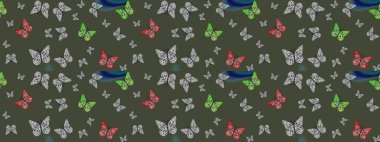 El çizimi, suluboya desenli kelebeklerin çizimi. Raster illüstrasyonu. Klasik tarzda hem de. Yeşil renkli illüstrasyon.