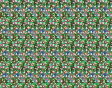 Raster suluboya çiçek deseni, narin çiçekler, yeşil çiçekler, tebrik kartı şablonu. Raster Güzel kumaş deseni.