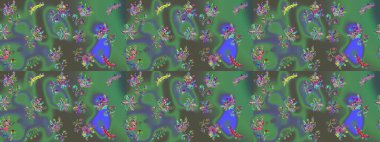 Parlak çiçekli kolaj çiçekleri yeşil, gri ve mavi. Çiçekli zambakların eskiz geçmişi. Çiçek tasarımı için inanılmaz kolaj cennet tarzı..