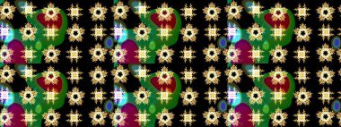 Raster illüstrasyonu. Noel ve yeni yıl moda baskıları için tatil tasarımı. Siyah, yeşil ve sarı renkler. Kar tanelerinin soyut arkaplanlı Noel deseni.