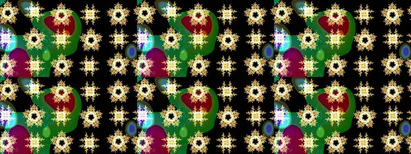 Raster illüstrasyonu. Noel ve yeni yıl moda baskıları için tatil tasarımı. Siyah, yeşil ve sarı renkler. Kar tanelerinin soyut arkaplanlı Noel deseni.