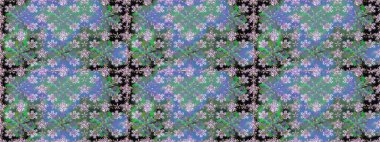 Raster illüstrasyonu. El çizimi çiçekli, soyut, pürüzsüz desen. Yeşil renkte çiçekler.