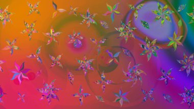 Parlak renkli fantezi çiçekleri, yapraklar, turuncu renkli tomurcuklar. Suluboya el çizimi elementli çiçek çizimi deseni.