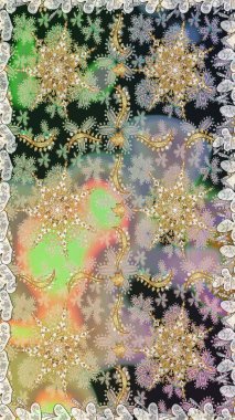 Kusursuz altın desenli bukleler. Gri renklerde, altın elementlerle kusursuz desen. Raster. Hassas altın deseni açın. Doğu tarzı arabesk. Parlak dantel, stilize çiçekler, şal desenli.