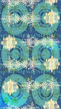 Raster illüstrasyonu. Kar tanelerinin soyut arkaplanlı Noel şablonu. Mavi, yeşil ve bej kar taneleri. Renkler. Noel ve Yeni Yıl moda baskıları için tatil tasarımı.