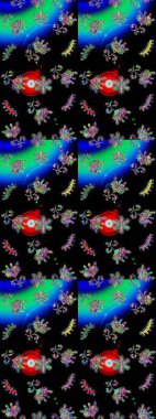 Renkli Bahar Temalı Kusursuz Arkaplan. Düz Çiçek Elementleri Tasarımı. Raster illüstrasyonunda kusursuz çiçek deseni. Çiçekler siyah, mavi ve yeşil renklerde.