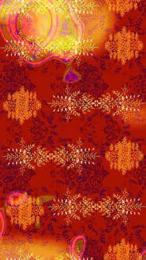 Tekstil, kumaş, kapaklar, duvar kağıtları, baskı, paket, hatıra defteri, dekupaj için çiçek eskizi. Küçük kırmızı, turuncu ve sarı çiçekli oldukça eski bir besin torbası deseni. Millefleurlar.